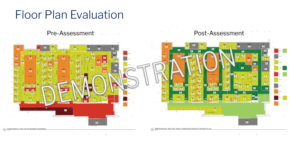 Example of floor plan analysis, showing color ratings pre- and post-assessment